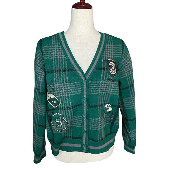 Harry Potter Wizarding World Proud Slytherin Green Plaid Cardigan Womens M - Picture 1 of 15